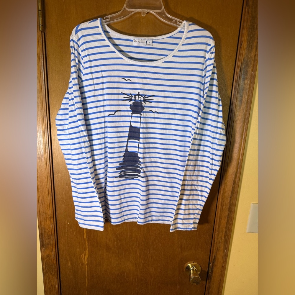 Kim Rogers Blue and White Striped Light House Top
